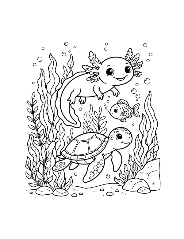 Axolotl with a Fish and a Sea Turtle coloring page
