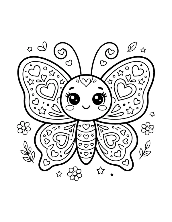 Kawaii Butterfly with Hearts coloring page