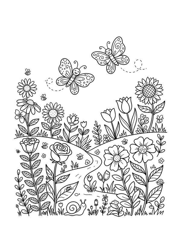 Butterflies over a Flower Garden coloring page