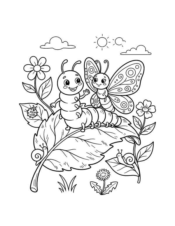 Caterpillar and Butterfly Friends coloring page