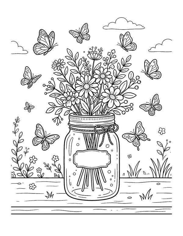 Mason Jar Bouquet with Butterflies coloring page