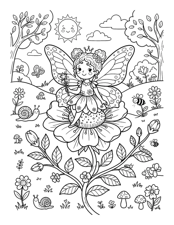 Butterfly Fairy on a Flower coloring page