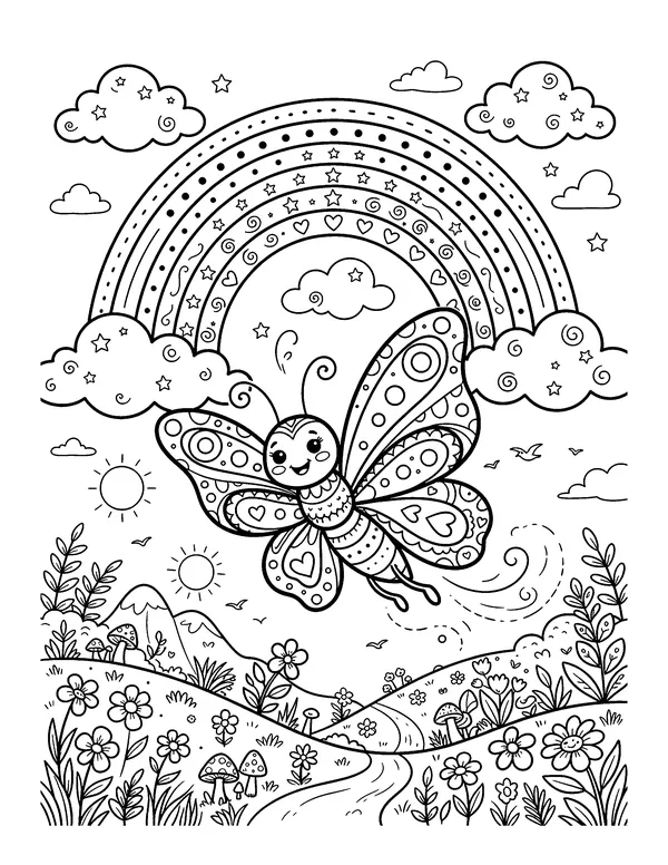Butterfly Under a Rainbow coloring page