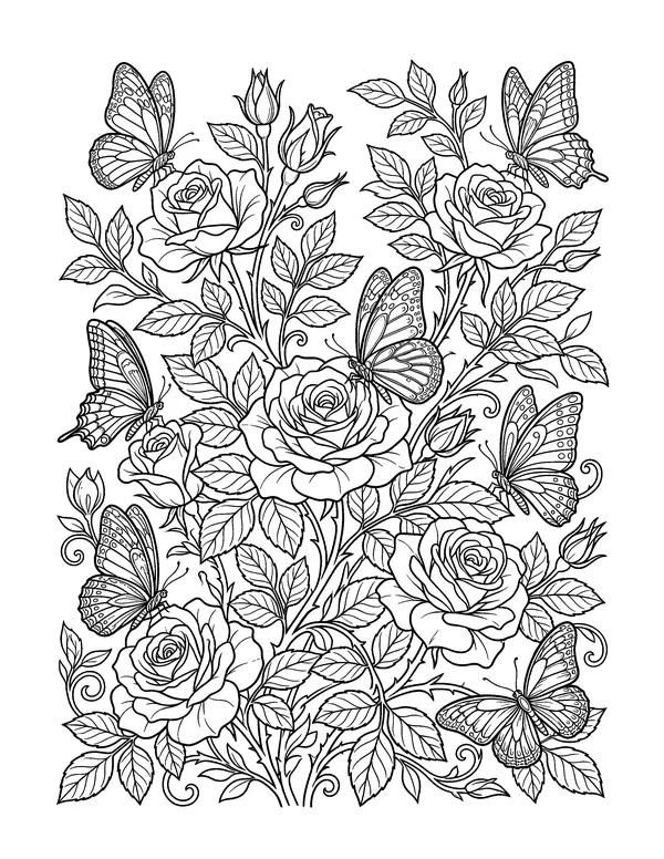 Butterflies in a Rose Garden coloring page