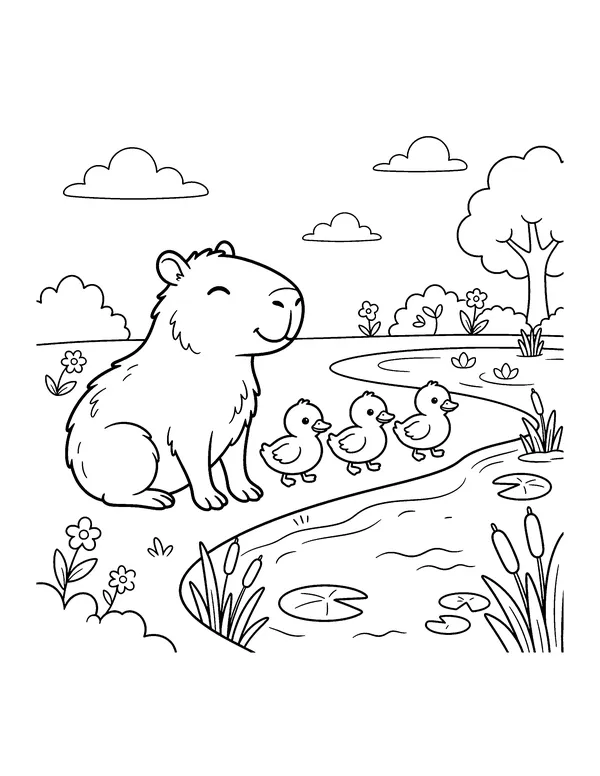 Capybara and Ducklings by the Pond coloring page