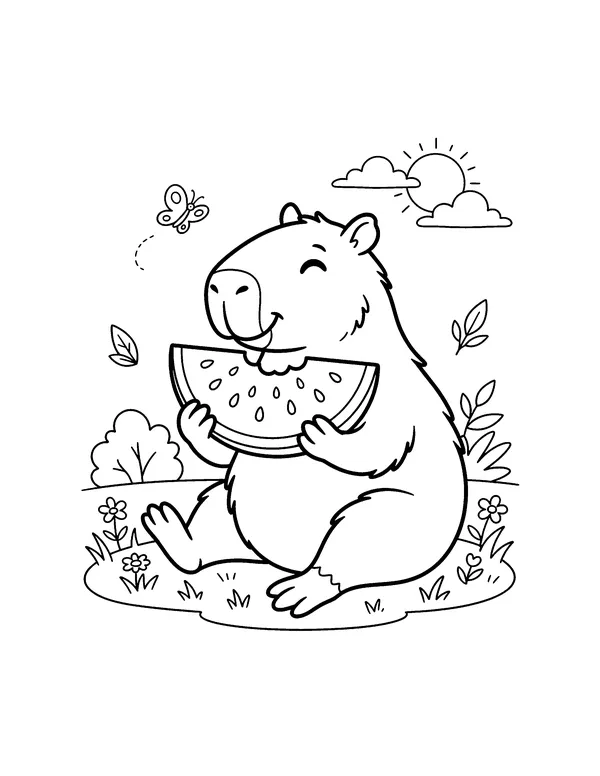 Capybara Eating Watermelon coloring page