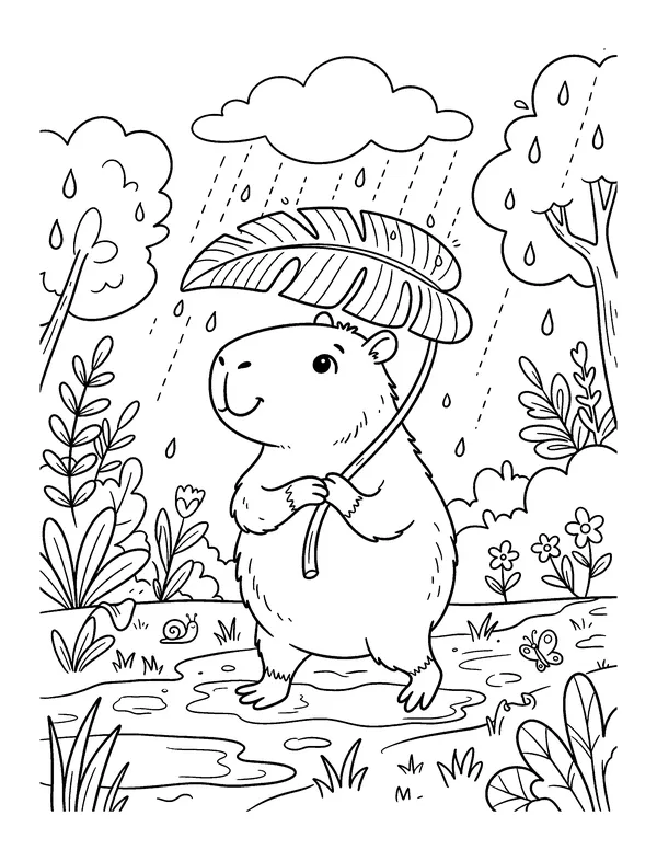 Capybara with a Leaf Umbrella coloring page