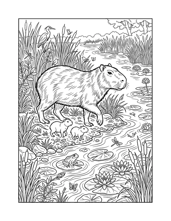 Realistic Capybara Family at the River coloring page