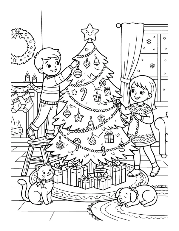 Kids Decorating the Christmas Tree coloring page