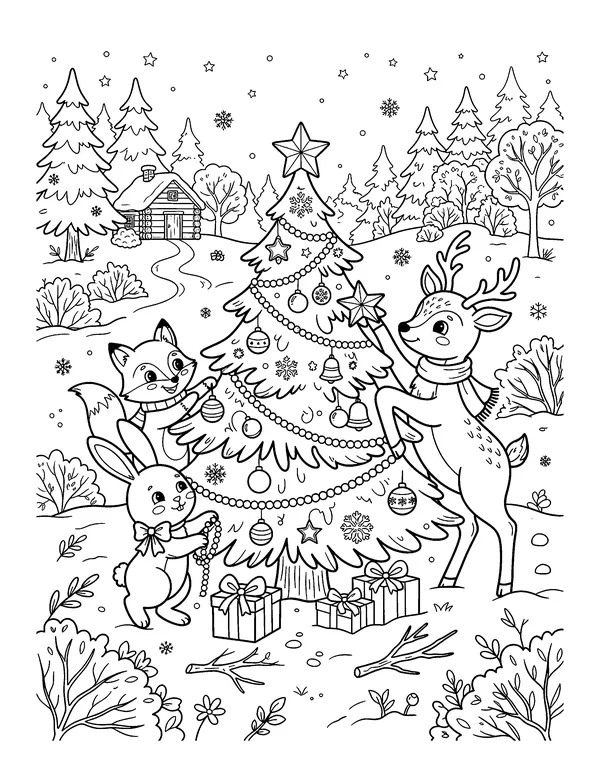 Woodland Animals Decorating a Tree coloring page