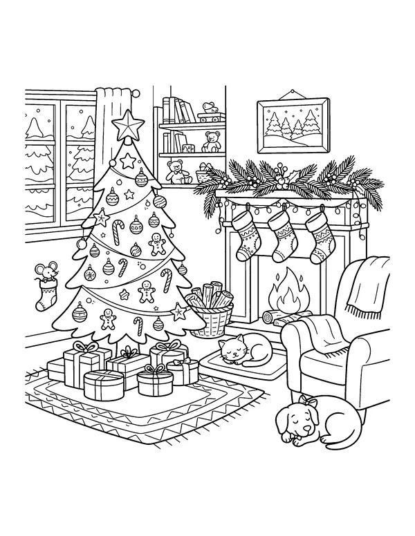 Cozy Christmas Living Room coloring page