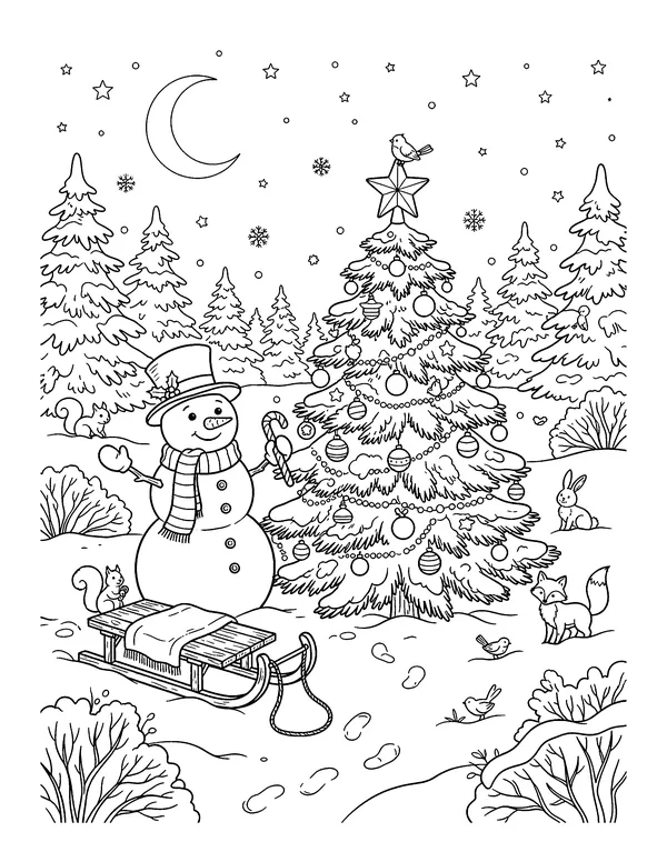 Snowy Christmas Tree and Snowman coloring page