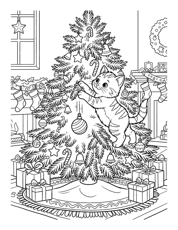 Kitten Climbing the Christmas Tree coloring page