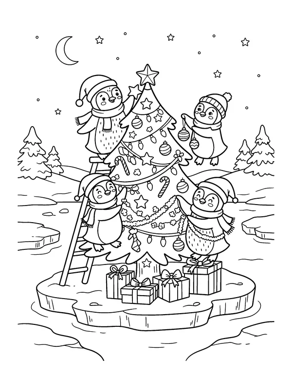 Penguins Decorating a Christmas Tree coloring page