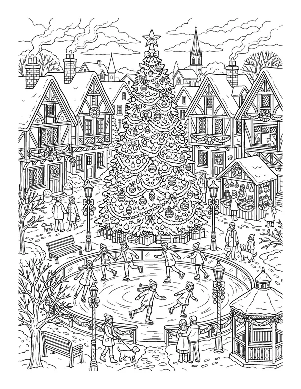Christmas Tree in the Village Square coloring page