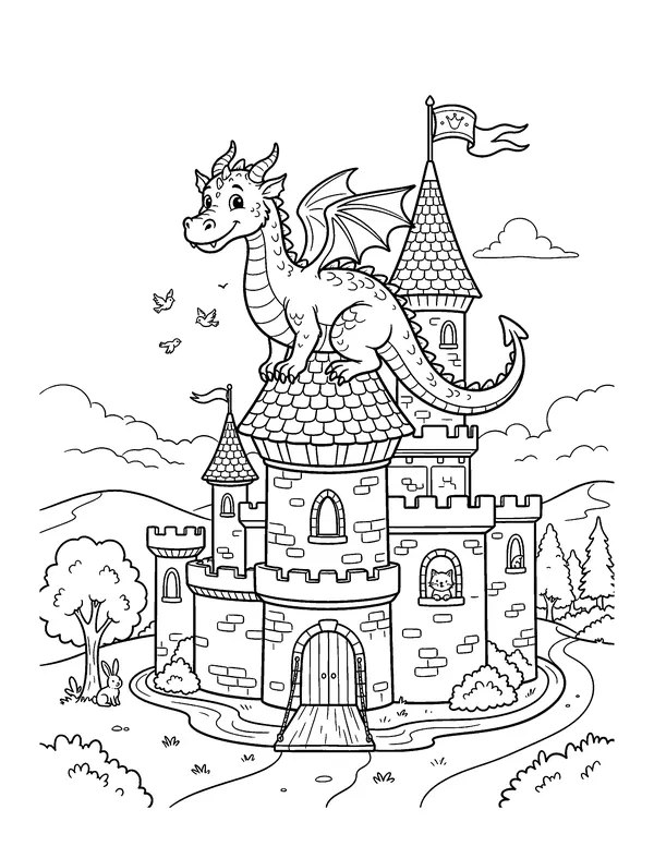 Dragon on a Castle Tower coloring page