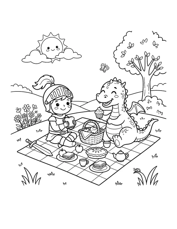 Knight and Dragon Picnic coloring page