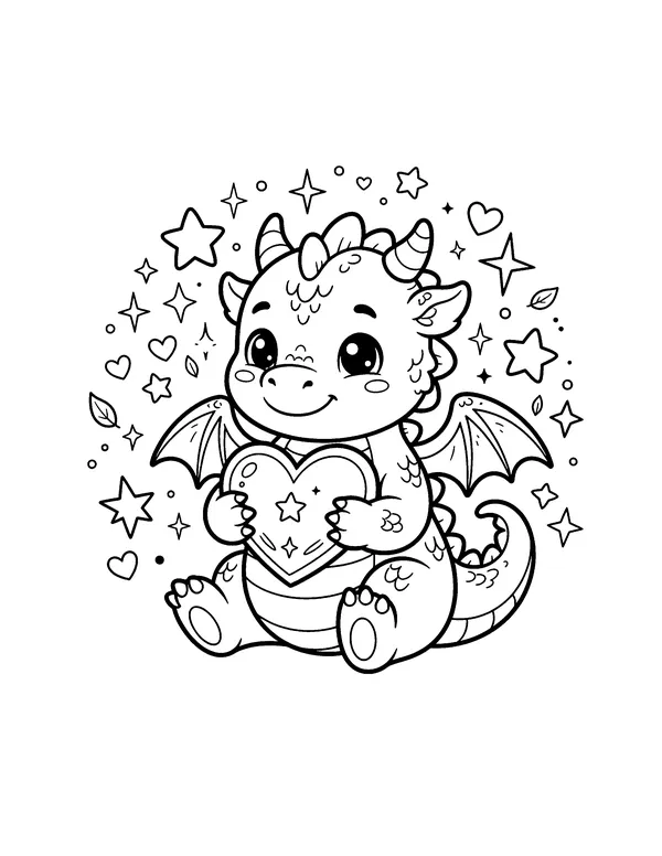 Kawaii Dragon Holding a Heart coloring page