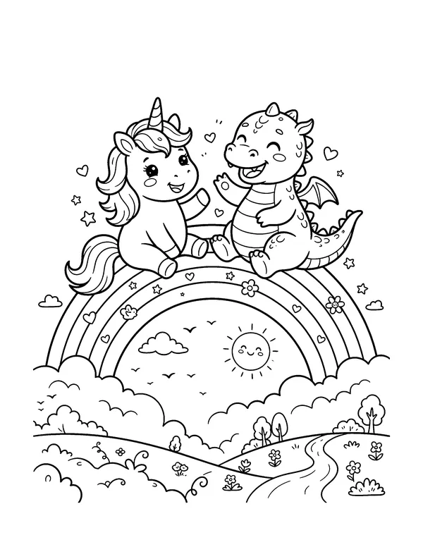 Dragon and Unicorn on a Rainbow coloring page