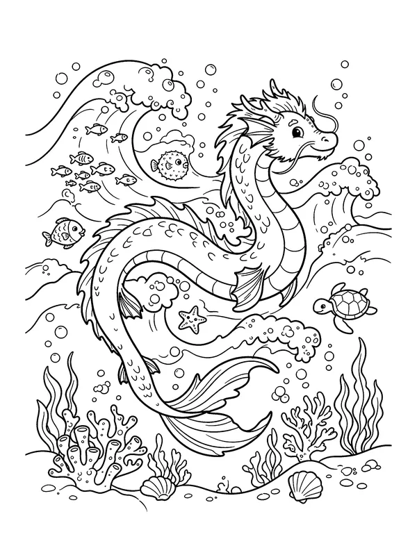 Sea Dragon in the Waves coloring page