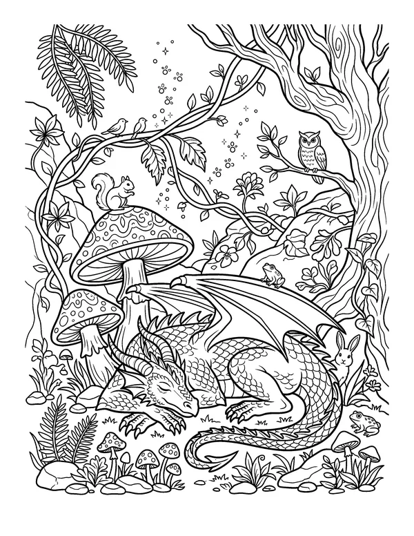 Dragon in an Enchanted Forest coloring page