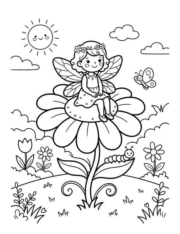 Fairy Sitting on a Flower coloring page