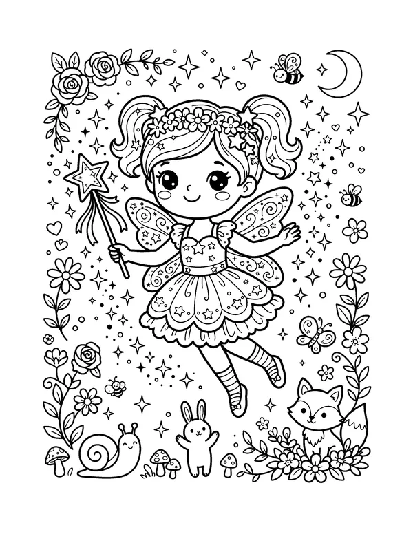 Kawaii Fairy with a Star Wand coloring page
