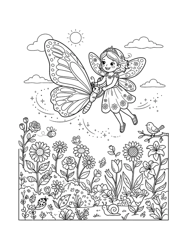 Fairy Riding a Butterfly coloring page