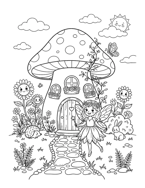Fairy and Mushroom House coloring page