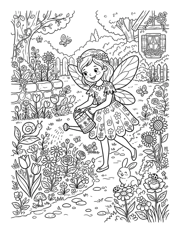 Fairy Watering the Garden coloring page