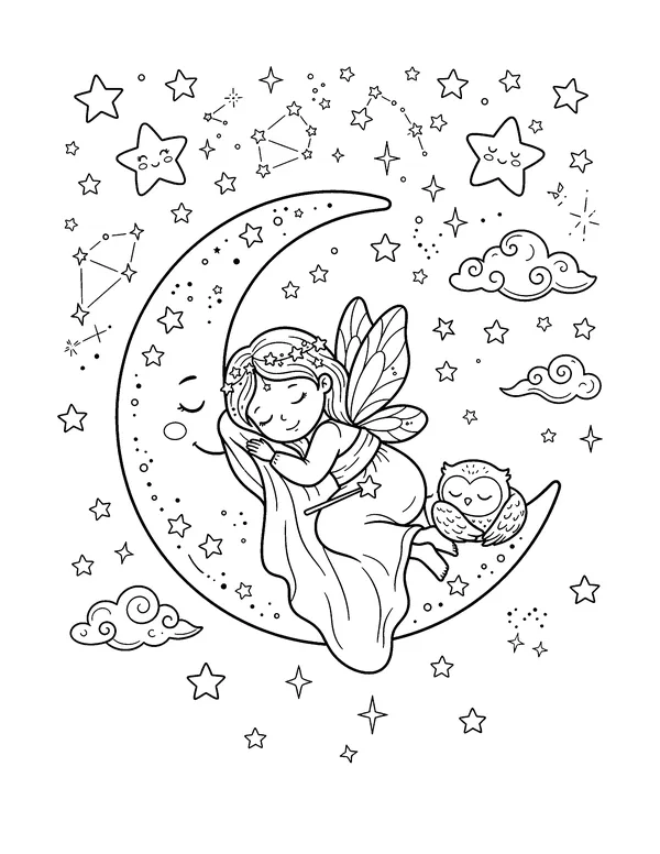Fairy Sleeping on the Moon coloring page