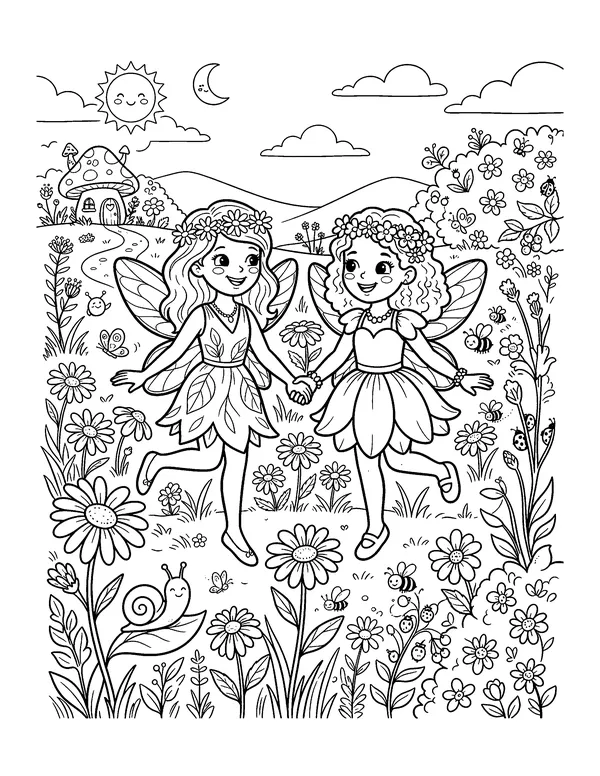 Fairy Friends Among the Daisies coloring page