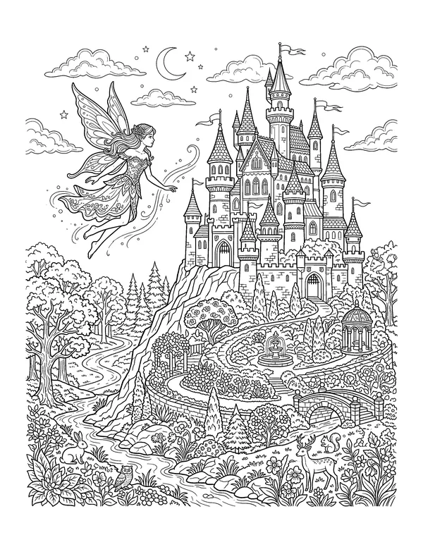 Fairy and Fairy-Tale Castle coloring page