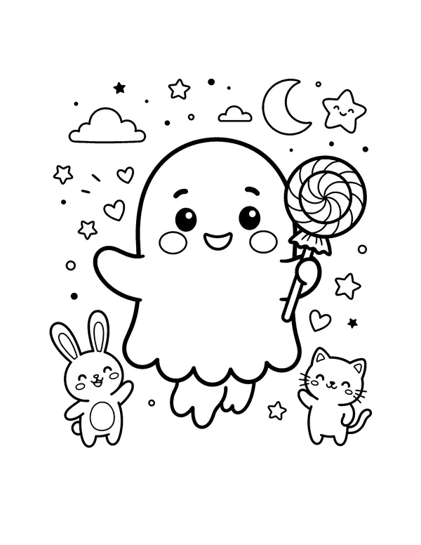 Kawaii Ghost with a Lollipop coloring page