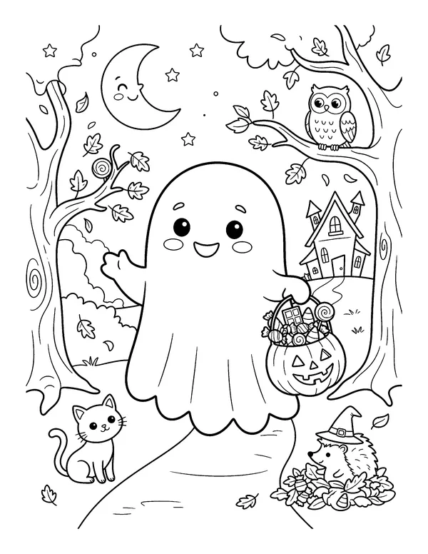 Trick-or-Treating Ghost coloring page