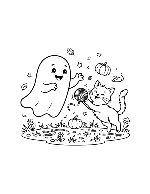 Ghost Playing with a Kitten coloring page