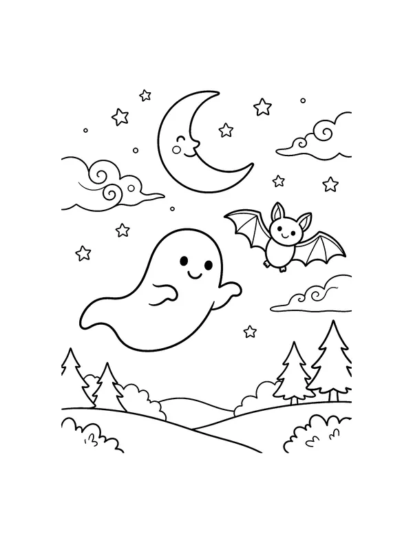 Ghost and Bat Under the Moon coloring page