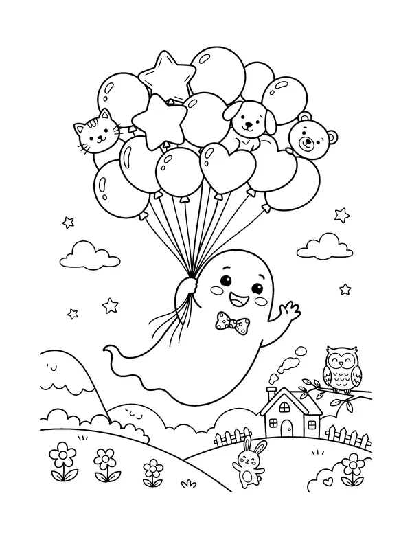 Ghost Floating with Balloons coloring page