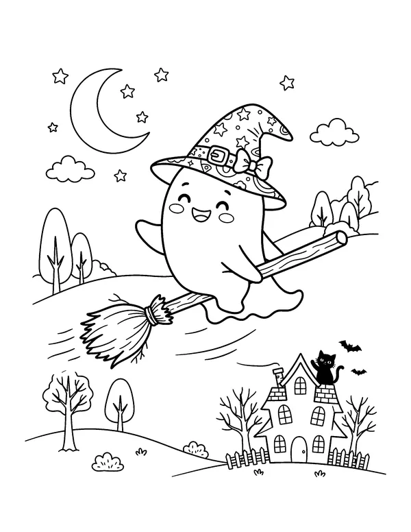 Ghost Riding a Witch's Broom coloring page