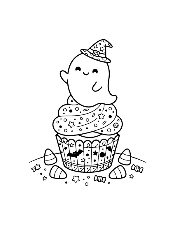 Tiny Ghost on a Halloween Cupcake coloring page