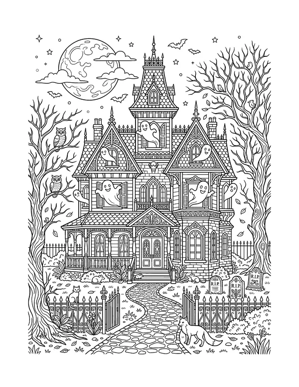 Victorian Haunted Mansion coloring page