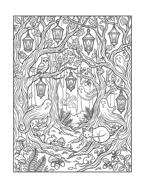 Ghostly Lantern Forest coloring page
