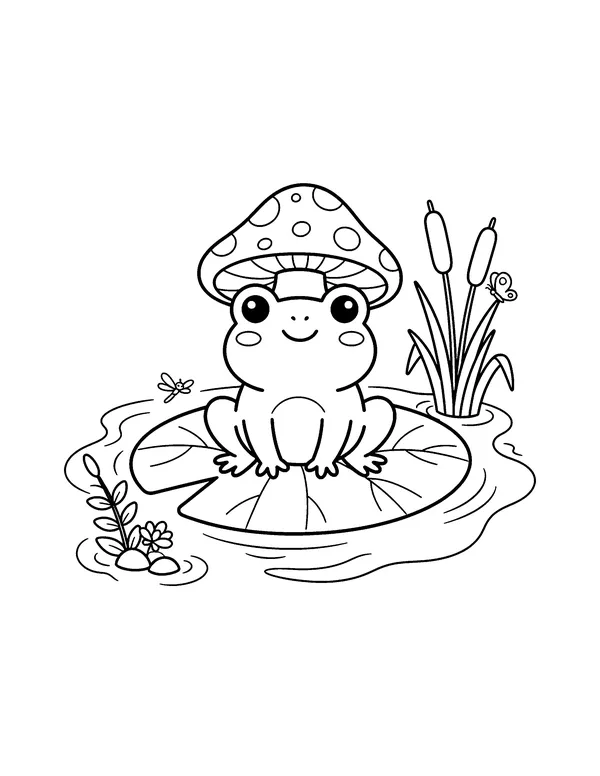 Kawaii Frog with a Mushroom Hat coloring page