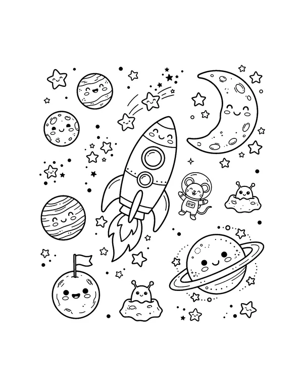 Kawaii Planets and Rocket coloring page