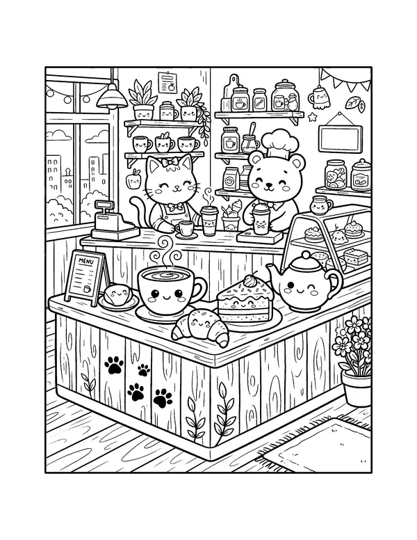 Kawaii Cat Cafe coloring page