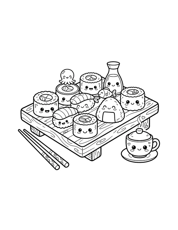 Kawaii Sushi Platter coloring page