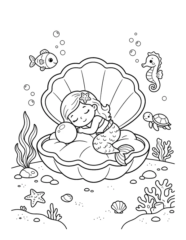 Baby Mermaid Sleeping in a Clam Shell coloring page