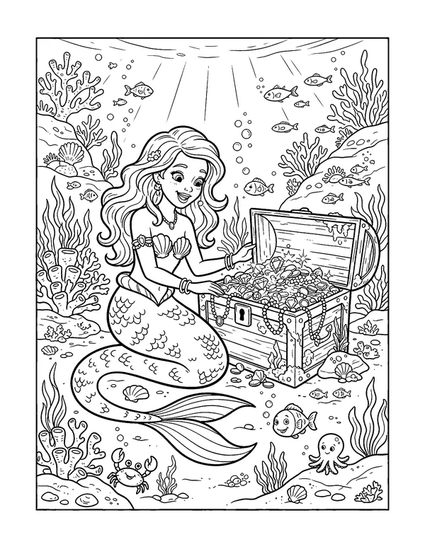 Mermaid and the Treasure Chest coloring page