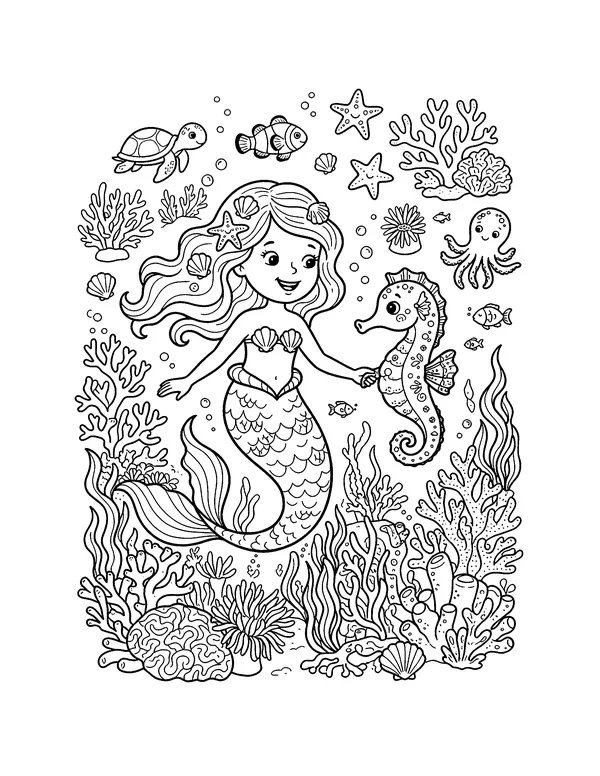 Mermaid and Seahorse in a Coral Garden coloring page