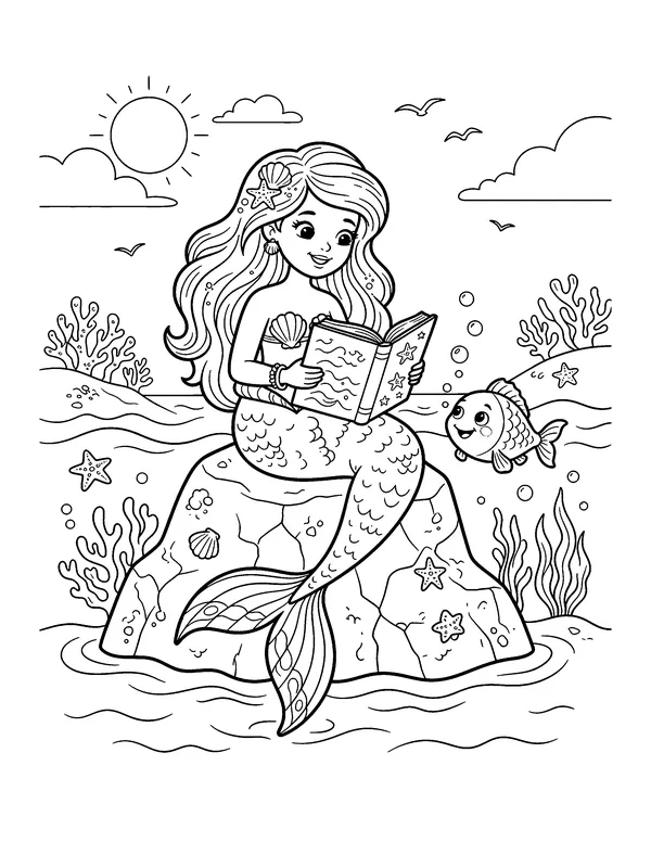 Mermaid Reading a Book coloring page